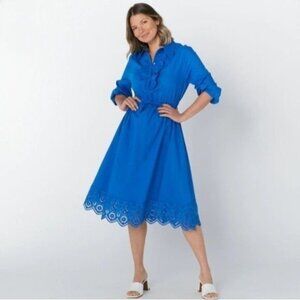 GUILLAUME Shirt Midi Dress w/ Scalloped Eyelet Hem Blue Sz S